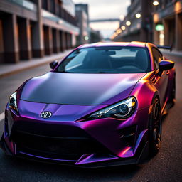 A stunning representation of a modified Toyota GT86, featuring a matte metallic dark purple body that radiates a sleek and modern vibe