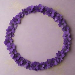 Minimalistic table design adorned with purple flowers and sprinkled with glitter, as viewed from directly above.