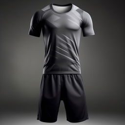 An athletic attire for an adult male, combining performance-enhancing design with comfort, including a breathable jersey, sport shorts, and matching sports shoes.