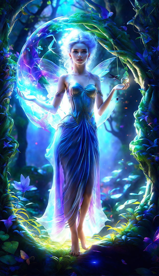 Ultra HD fantasy art portrait of a radiant fairy woman in a luminous enchanted glade under mystical, celestial lighting.