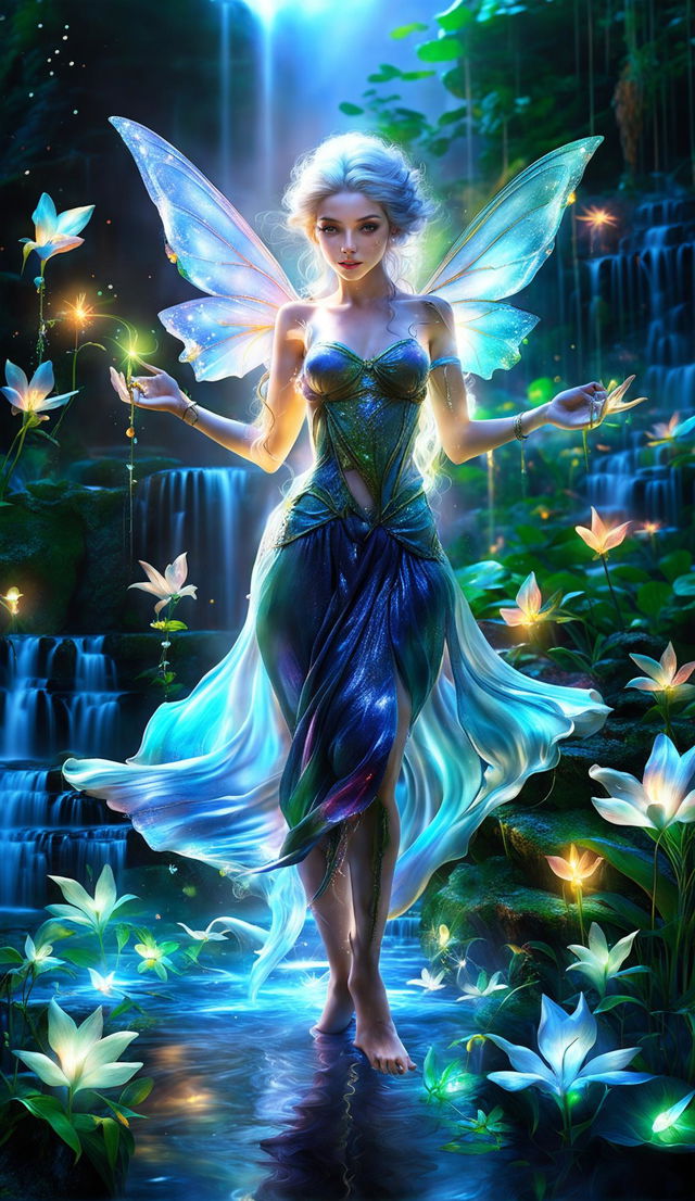 Ultra HD fantasy art portrait of a captivating fairy woman in a shimmering enchanted waterfall under magical, twilight lighting.