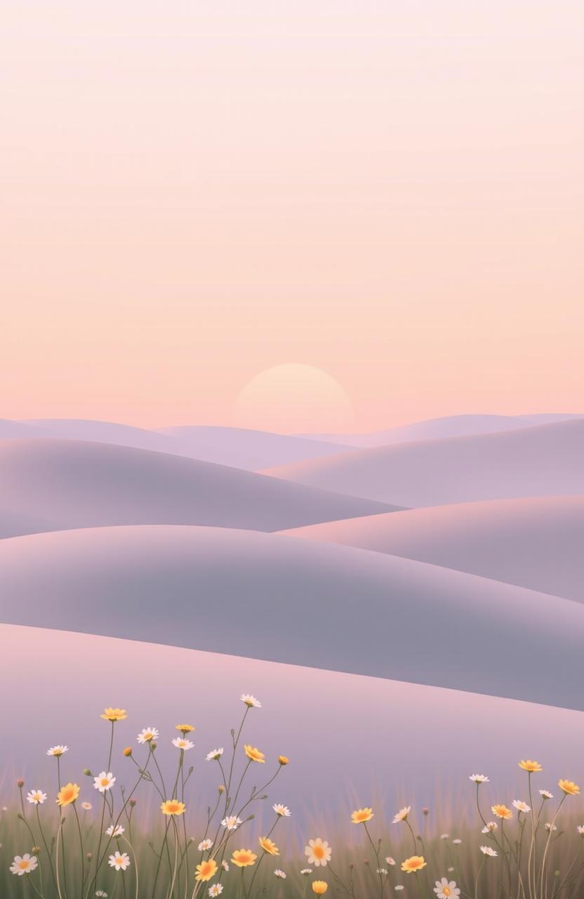 A serene landscape featuring gentle rolling hills under a pastel sky at sunrise, with shades of soft pink, lavender, and light blue