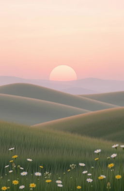 A serene landscape featuring gentle rolling hills under a pastel sky at sunrise, with shades of soft pink, lavender, and light blue