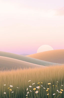 A serene landscape featuring gentle rolling hills under a pastel sky at sunrise, with shades of soft pink, lavender, and light blue