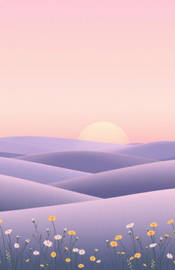 A serene landscape featuring gentle rolling hills under a pastel sky at sunrise, with shades of soft pink, lavender, and light blue