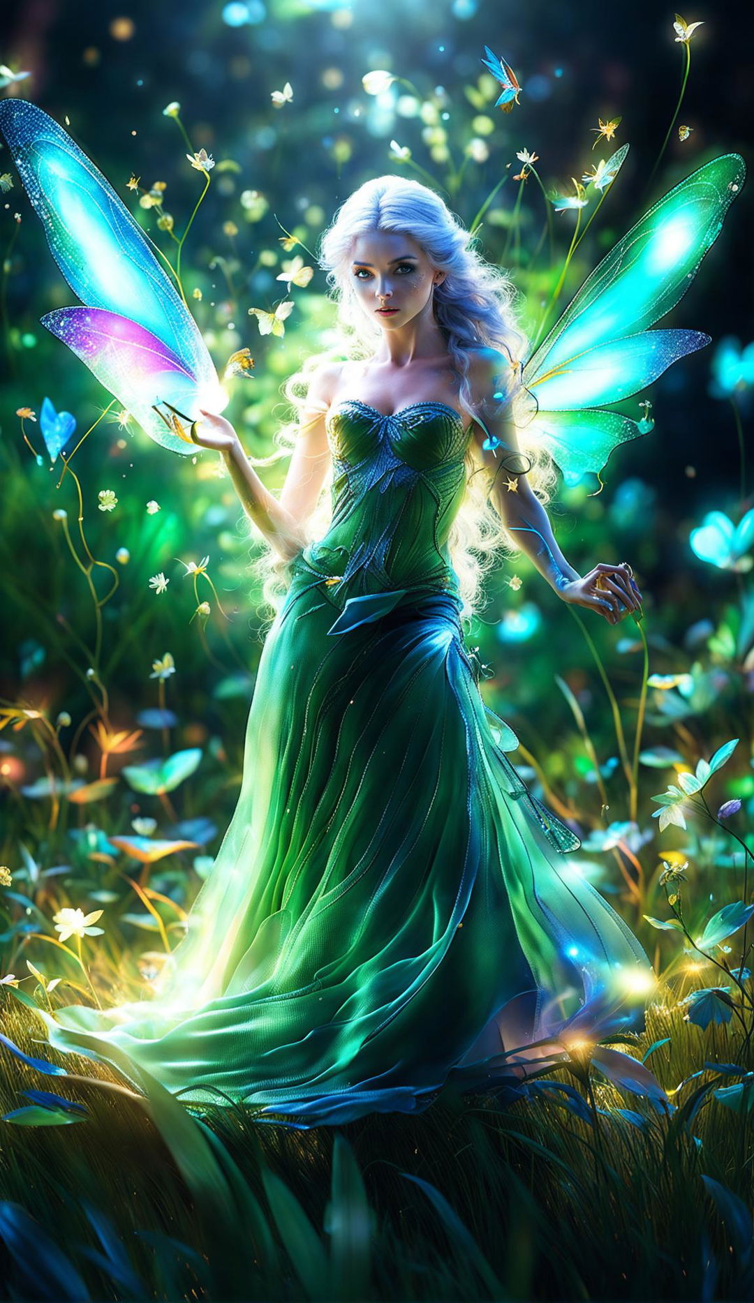 Ultra HD fantasy art portrait of a mesmerizing fairy woman in a glowing enchanted meadow under magical, moonlit lighting.