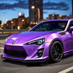 A captivating image of a modified Toyota GT86, featuring a metallic lilac purple body that shimmers with a vibrant, lustrous finish