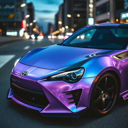 A captivating image of a modified Toyota GT86, featuring a metallic lilac purple body that shimmers with a vibrant, lustrous finish