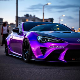 A captivating image of a modified Toyota GT86, featuring a metallic lilac purple body that shimmers with a vibrant, lustrous finish