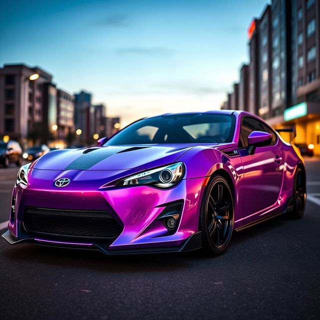 A captivating image of a modified Toyota GT86, featuring a metallic lilac purple body that shimmers with a vibrant, lustrous finish