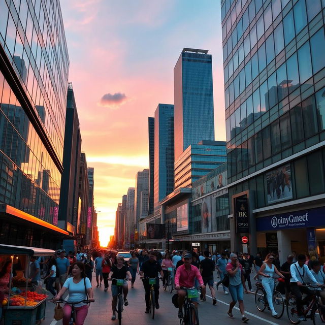 A vibrant, bustling city scene at sunrise, filled with diverse groups of people enjoying their morning routines