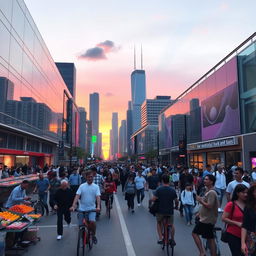 A vibrant, bustling city scene at sunrise, filled with diverse groups of people enjoying their morning routines