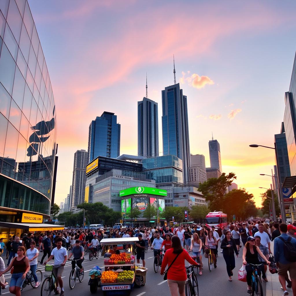 A vibrant, bustling city scene at sunrise, filled with diverse groups of people enjoying their morning routines