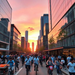 A vibrant, bustling city scene at sunrise, filled with diverse groups of people enjoying their morning routines