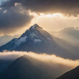 A breathtaking sunrise over a majestic mountain range, with rays of light piercing through scattered clouds, creating a dramatic and inspiring background suitable for a motivational poster.