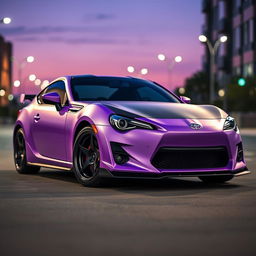 An eye-catching image of a modified Toyota GT86 featuring a matte lilac purple body that gleams with a unique and stylish finish