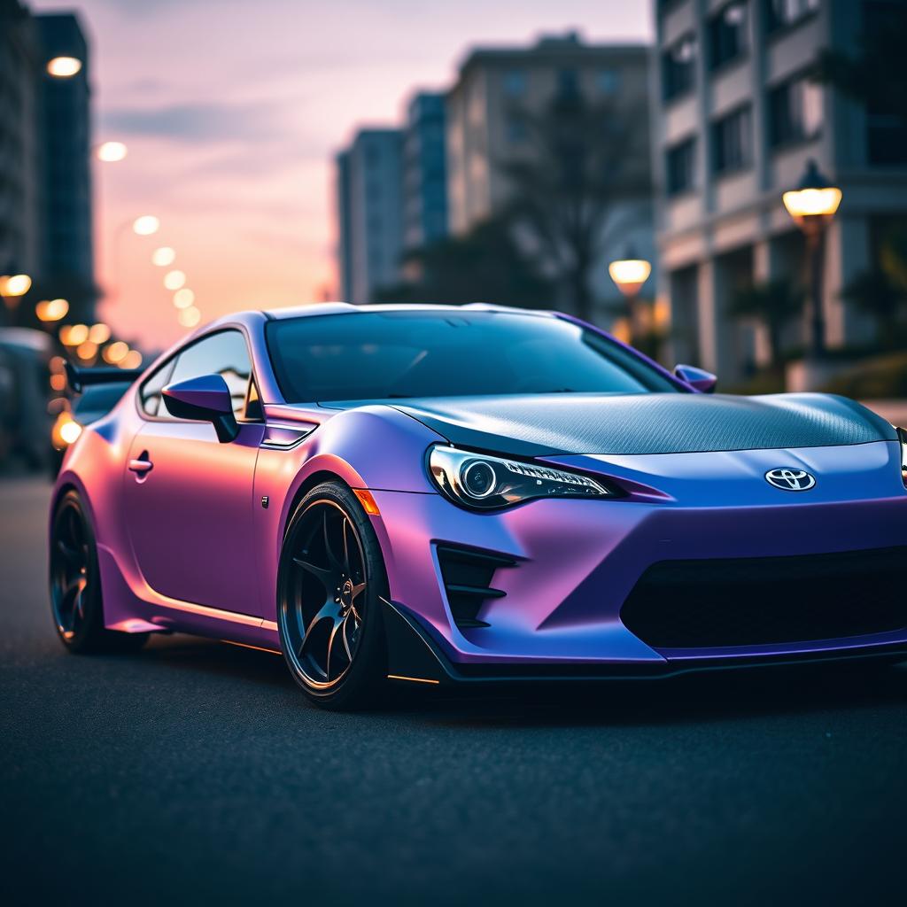 An eye-catching image of a modified Toyota GT86 featuring a matte lilac purple body that gleams with a unique and stylish finish