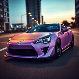 An eye-catching image of a modified Toyota GT86 featuring a matte lilac purple body that gleams with a unique and stylish finish