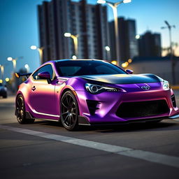 An eye-catching image of a modified Toyota GT86 featuring a matte lilac purple body that gleams with a unique and stylish finish