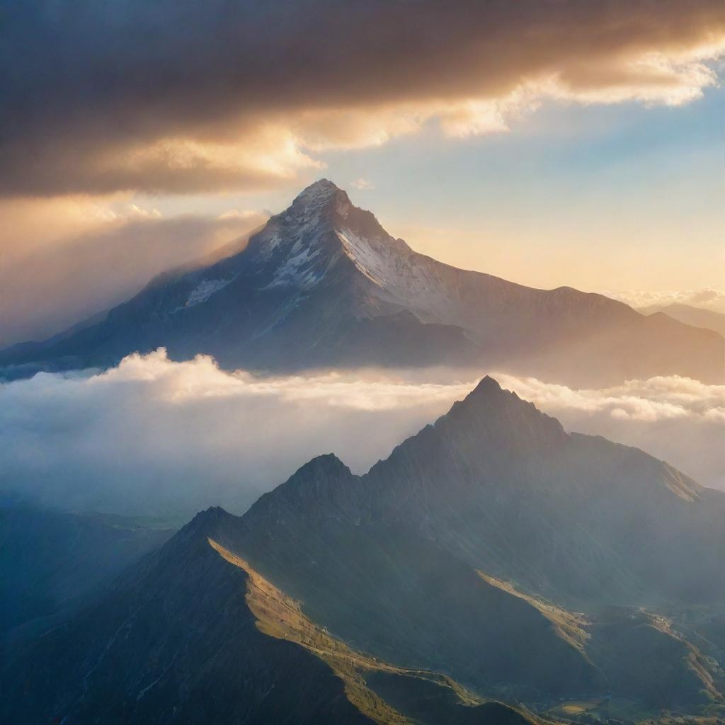 A breathtaking sunrise over a majestic mountain range, with rays of light piercing through scattered clouds, creating a dramatic and inspiring background suitable for a motivational poster.