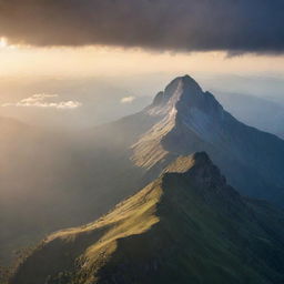 A breathtaking sunrise over a majestic mountain range, with rays of light piercing through scattered clouds, creating a dramatic and inspiring background suitable for a motivational poster.