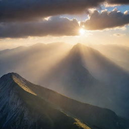 A breathtaking sunrise over a majestic mountain range, with rays of light piercing through scattered clouds, creating a dramatic and inspiring background suitable for a motivational poster.