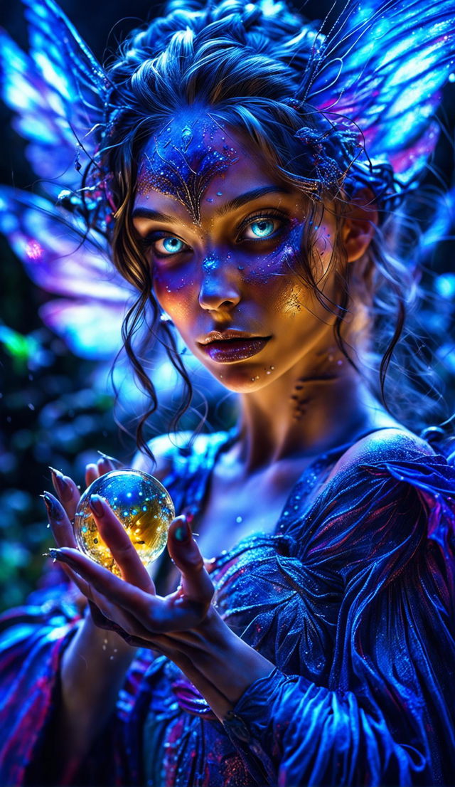 Ultra HD fantasy art intense close-up portrait of a mesmerizing fairy woman, her radiant magic illuminating her features under magical, moonlit lighting.