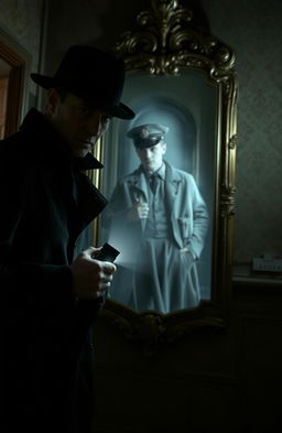 A mysterious scene featuring a shadowy agent holding a flashlight, illuminating a dimly lit, eerie old building