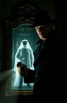 A mysterious scene featuring a shadowy agent holding a flashlight, illuminating a dimly lit, eerie old building