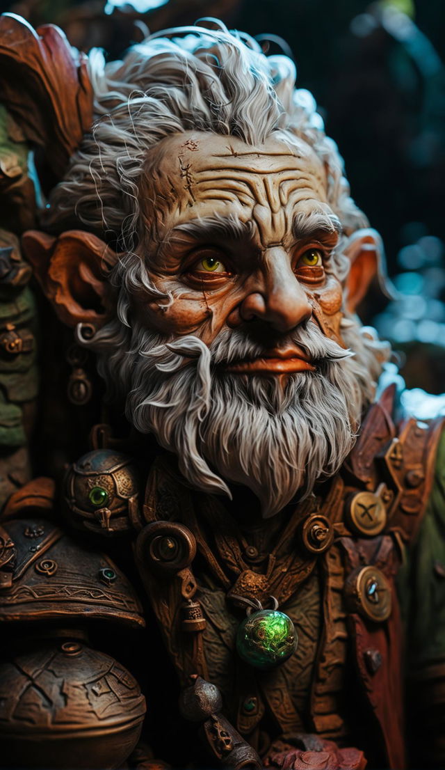 Intense close-up portrait of a gnome character in DND style art. The gnome's face is detailed with wrinkles and laugh lines, his eyes are vibrant green, glowing with magic. The background subtly hints at arcane symbols and magical artifacts.