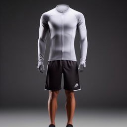 An athletic attire for an adult male, combining performance-enhancing design with comfort, including a breathable jersey, sport shorts, and matching sports shoes.