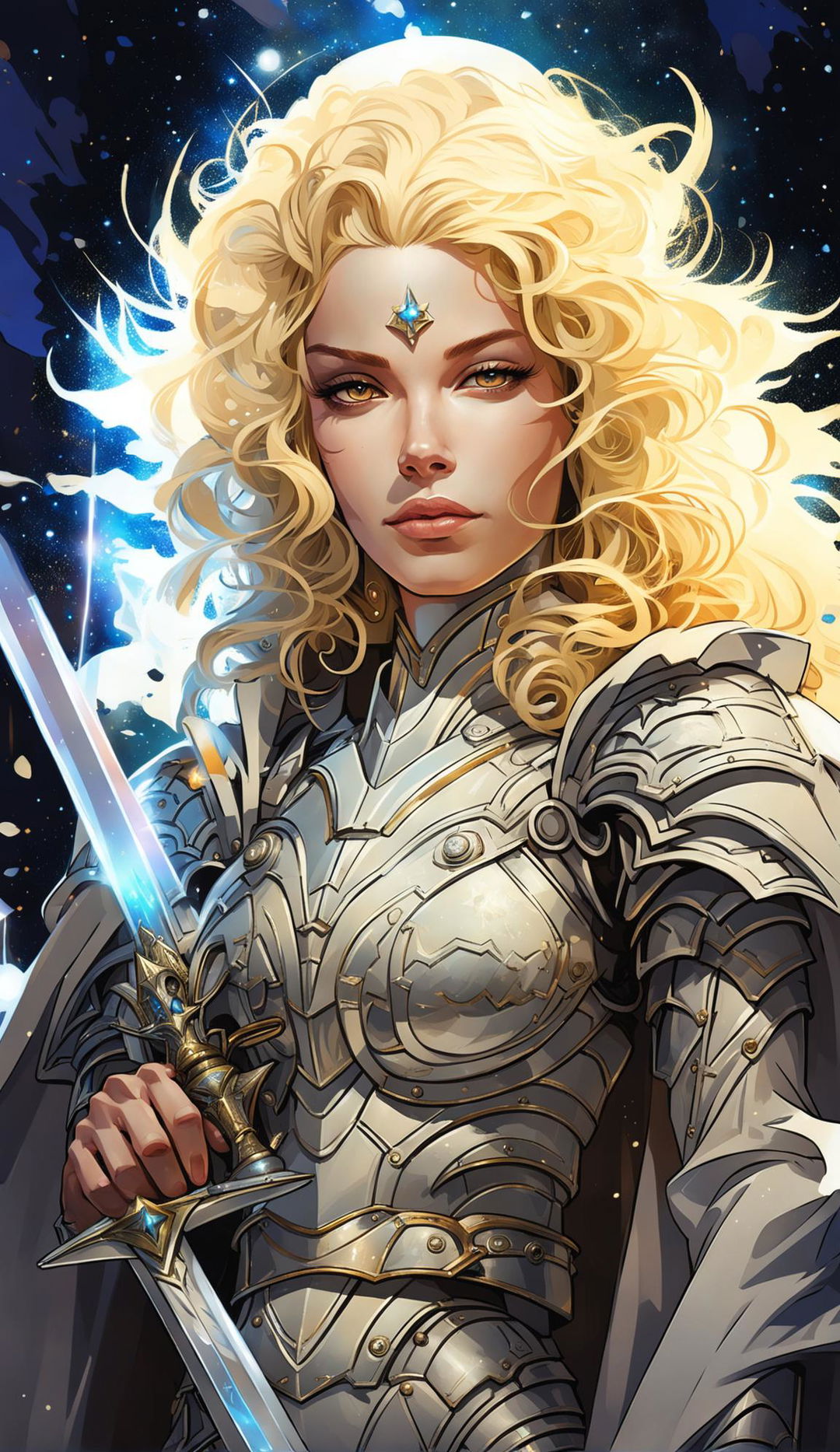 DND style art featuring a female Aasimar in gleaming armor under a star-filled sky. She holds a radiant sword and her eyes reflect the heavens.