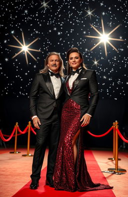 A glamorous man and woman standing together on a luxurious red carpet, exuding elegance and confidence, the man dressed in a classic black tuxedo with a bow tie, and the woman in a stunning evening gown with sequins that sparkle under the starry night