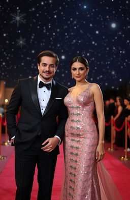 A glamorous man and woman standing together on a luxurious red carpet, exuding elegance and confidence, the man dressed in a classic black tuxedo with a bow tie, and the woman in a stunning evening gown with sequins that sparkle under the starry night