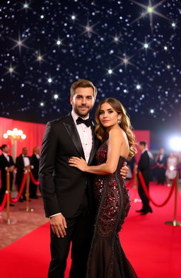 A glamorous man and woman standing together on a luxurious red carpet, exuding elegance and confidence, the man dressed in a classic black tuxedo with a bow tie, and the woman in a stunning evening gown with sequins that sparkle under the starry night
