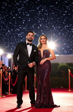 A glamorous man and woman standing together on a luxurious red carpet, exuding elegance and confidence, the man dressed in a classic black tuxedo with a bow tie, and the woman in a stunning evening gown with sequins that sparkle under the starry night