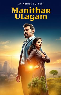 A stunning book cover design for 'Manithar Ulagam', featuring a powerful depiction of a man and a woman, both exuding strength and confidence