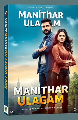 A stunning book cover design for 'Manithar Ulagam', featuring a powerful depiction of a man and a woman, both exuding strength and confidence