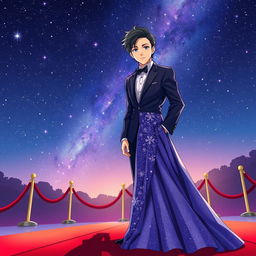 A man and a woman standing elegantly on a red carpet, dressed in glamorous outfits