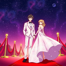 A man and a woman standing elegantly on a red carpet, dressed in glamorous outfits