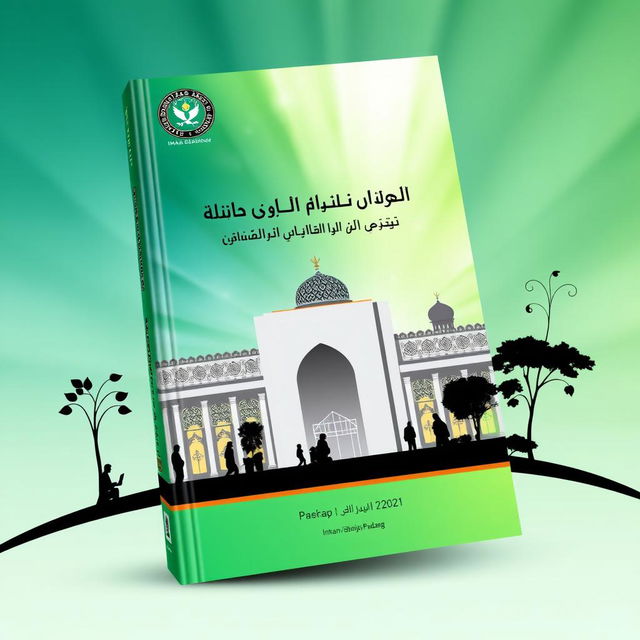 A book cover design for Universitas Islam Imam Bonjol Padang, featuring a modern architectural representation of the university, with traditional Islamic patterns subtly integrated into the design