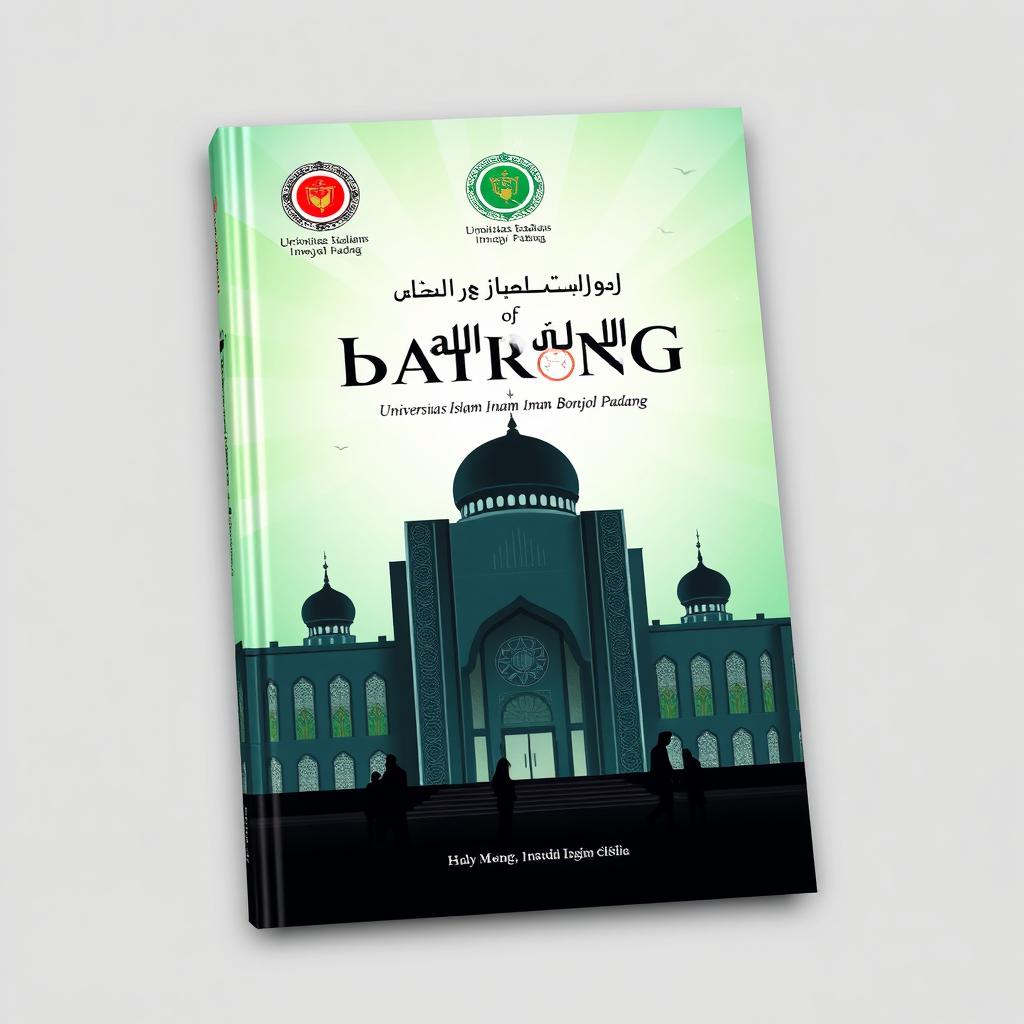 A book cover design for Universitas Islam Imam Bonjol Padang, featuring a modern architectural representation of the university, with traditional Islamic patterns subtly integrated into the design