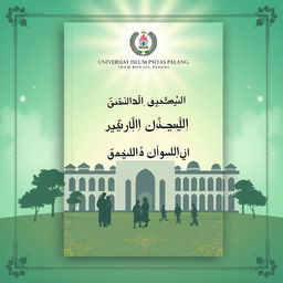 A book cover design for Universitas Islam Imam Bonjol Padang, featuring a modern architectural representation of the university, with traditional Islamic patterns subtly integrated into the design