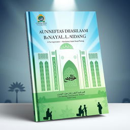 A book cover design for Universitas Islam Imam Bonjol Padang, featuring a modern architectural representation of the university, with traditional Islamic patterns subtly integrated into the design