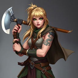 In a Dungeons & Dragons universe, depict a 25-year-old human barbarian wizardess with an athletic build, standing 1