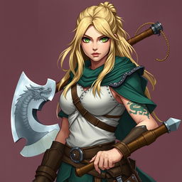 In a Dungeons & Dragons universe, depict a 25-year-old human barbarian wizardess with an athletic build, standing 1
