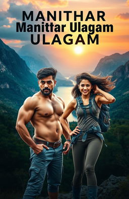 A powerful and inspiring book cover for "Manithar Ulagam" featuring a rugged, strong man and a confident, strong woman standing together in a breathtaking natural landscape