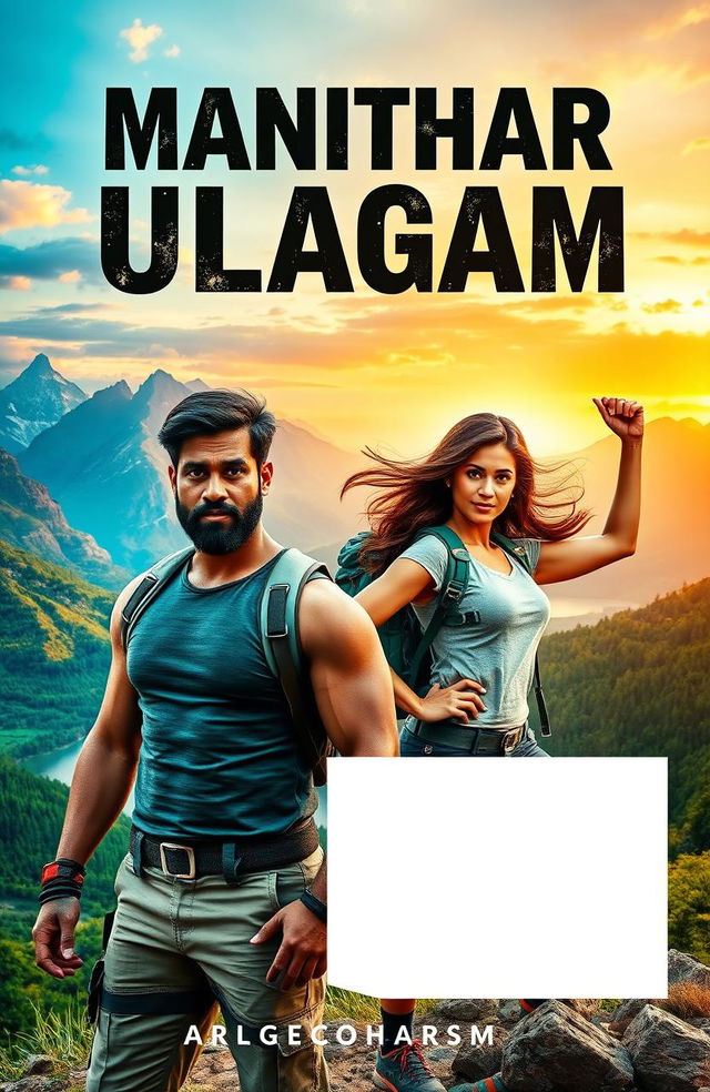 A powerful and inspiring book cover for "Manithar Ulagam" featuring a rugged, strong man and a confident, strong woman standing together in a breathtaking natural landscape