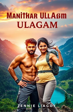 A powerful and inspiring book cover for "Manithar Ulagam" featuring a rugged, strong man and a confident, strong woman standing together in a breathtaking natural landscape