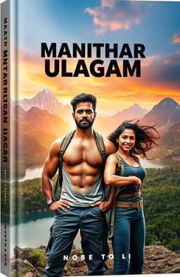 A powerful and inspiring book cover for "Manithar Ulagam" featuring a rugged, strong man and a confident, strong woman standing together in a breathtaking natural landscape